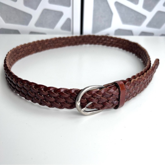 Italian Leather Brown Braided Belt EuroMetal Silver Tone Buckle 38 EUC - Picture 2 of 5